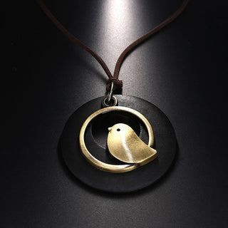 Vintage Wooden Bird Pendant Necklaces Boho Ethnic Style Metal Hollow Necklaces Retro Long Sweater Chain Rope Jewelry for Women Alodia Store