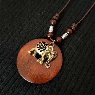 Ethnic Style Round Wood Beads Alloy Leaf Pendant Necklace For Women Girl Bohemian Sweater Chain Vintage Jewelry Accessories Gift Alodia Store