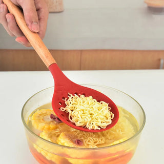 1Pcs Cooking Silicone Strainer Food Non-Stick Heat-Resistant Wooden Handle Colander Spoon Skimmer Strainer Cooking Kitchen Tools Alodia Store