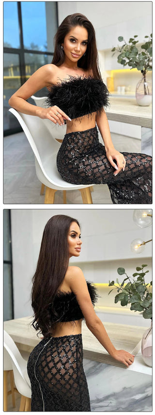 VC Two Piece Set For Women feather Summer 2023 Party Cropped Top And Long Skirt Alodia Store