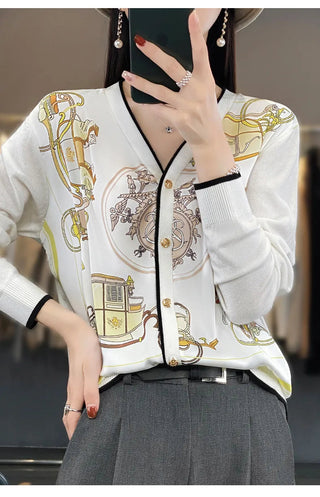 2023 Spring Summer New Cardigan Women's Coat Top Longsleeved Loose V-Neck Printed Stitching Sweater Fine Imitation Wool Cardigan Alodia Store