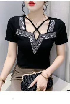 Leopard Mesh T Shirt Women V-neck Diamonds Sexy Tight Short T-shirt Female Long Sleeve Vintage Wrap Tshirt Femme Thin Slim Alodia Store