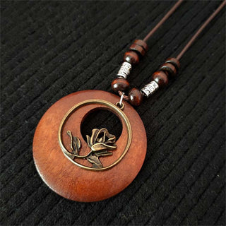 Ethnic Style Round Wood Beads Alloy Leaf Pendant Necklace For Women Girl Bohemian Sweater Chain Vintage Jewelry Accessories Gift Alodia Store