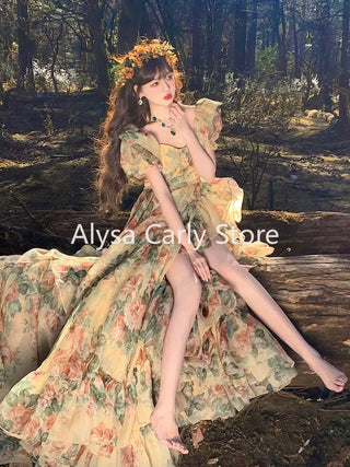 Ruffles Floral Long Fairy Dresses Women 2023 Summer - Alodia Store