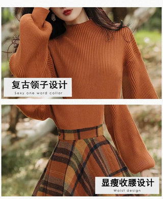 Women's Spring Autumn Vintage Plaid Long Skirts Sweater Two-Piece Set French Lady Alodia Store