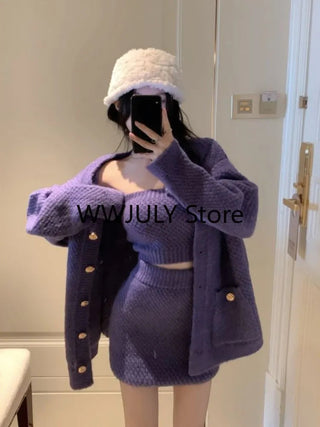 2023 Autumn Purple Knitted Sweater Suit Woman Sexy Y2k Mini Skirt Party Korea 3 Piece Set Alodia Store
