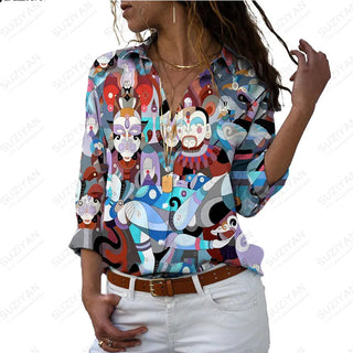 Women's SummerNew Shirt Long Sleeve Colorful Portrait 3D Digital Printing Women's Polo Button Casual Cardigan LongSleeve T-shirt Alodia Store