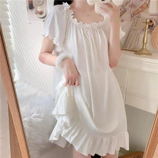 White Night Dress Women Korean Style Ruffles Alodia Store