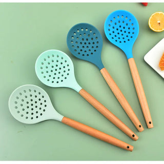 1Pcs Cooking Silicone Strainer Food Non-Stick Heat-Resistant Wooden Handle Colander Spoon Skimmer Strainer Cooking Kitchen Tools Alodia Store