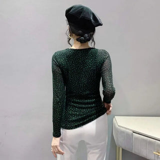 Leopard Mesh T Shirt Women V-neck Diamonds Sexy Tight Short T-shirt Female Long Sleeve Vintage Wrap Tshirt Femme Thin Slim Alodia Store