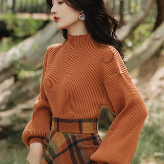 Women's Spring Autumn Vintage Plaid Long Skirts Sweater Two-Piece Set French Lady Alodia Store