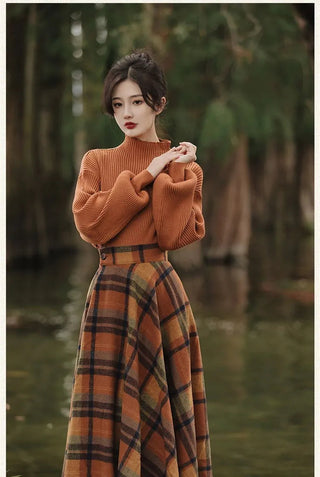 Women's Spring Autumn Vintage Plaid Long Skirts Sweater Two-Piece Set French Lady Alodia Store