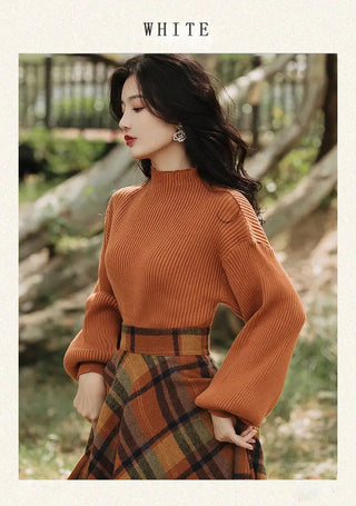 Women's Spring Autumn Vintage Plaid Long Skirts Sweater Two-Piece Set French Lady Alodia Store