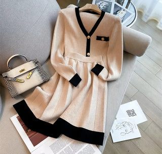 Fashion Women V Neck Hit Color Knitted Golden Alodia Store