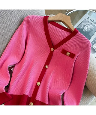 Fashion Women V Neck Hit Color Knitted Golden Alodia Store