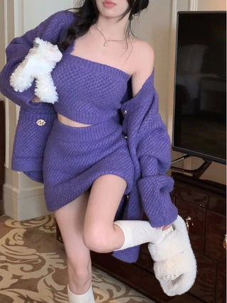 2023 Autumn Purple Knitted Sweater Suit Woman Sexy Y2k Mini Skirt Party Korea 3 Piece Set Alodia Store