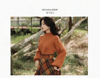 Women's Spring Autumn Vintage Plaid Long Skirts Sweater Two-Piece Set French Lady Alodia Store