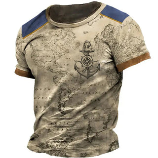 Summer Map Anchor Print Men's T Shirts Vintage Crew Neck Loose Short Sleeve Male Tops Casual Sports Men Clothing Large Size 6XL Alodia Store