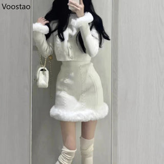 White Sweet Knitted Mini Skirt Set Women Korean Fashion Alodia Store