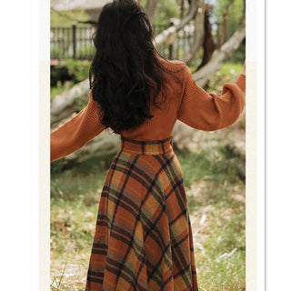 Women's Spring Autumn Vintage Plaid Long Skirts Sweater Two-Piece Set French Lady Alodia Store