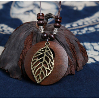 Ethnic Style Round Wood Beads Alloy Leaf Pendant Necklace For Women Girl Bohemian Sweater Chain Vintage Jewelry Accessories Gift Alodia Store