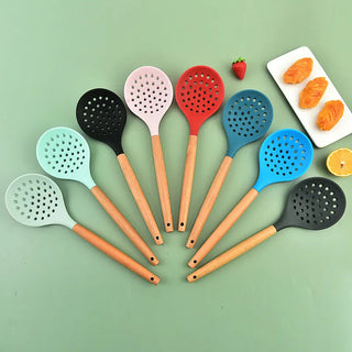 1Pcs Cooking Silicone Strainer Food Non-Stick Heat-Resistant Wooden Handle Colander Spoon Skimmer Strainer Cooking Kitchen Tools Alodia Store