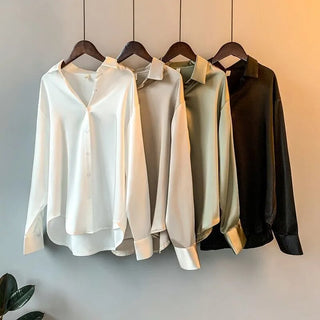 Satin Shirt Womens Clothing Silk Shirts Ovearsized Vintage Blouse Office Lady Sheer Top Longsleeve Dress Shirt Ladies Overshirt Alodia Store