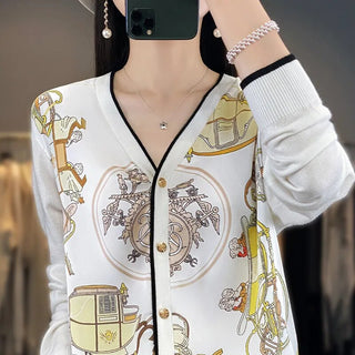 2023 Spring Summer New Cardigan Women's Coat Top Longsleeved Loose V-Neck Printed Stitching Sweater Fine Imitation Wool Cardigan Alodia Store
