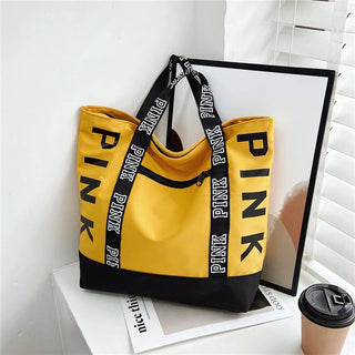 Colorblock Pink Letter Graphic Tote Handbags nylon fabric Alodia Store
