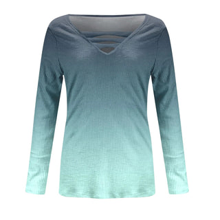 Women Blouse Longsleeve Women'S T-Shirt Fashion Casual Gradient Color Print V-Neck Slim Long Sleeve Top футболка оверсайз Alodia Store
