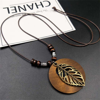 Ethnic Style Round Wood Beads Alloy Leaf Pendant Necklace For Women Girl Bohemian Sweater Chain Vintage Jewelry Accessories Gift Alodia Store