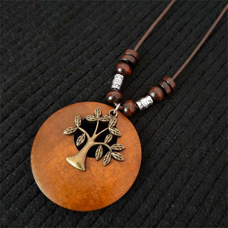 Ethnic Style Round Wood Beads Alloy Leaf Pendant Necklace For Women Girl Bohemian Sweater Chain Vintage Jewelry Accessories Gift Alodia Store
