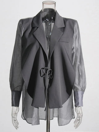 Women Notched Collar Long Sleeve Lace Up Loose Blazers Alodia Store
