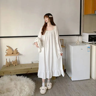 White Night Dress Women Korean Style Ruffles Alodia Store