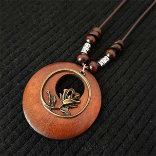 Ethnic Style Round Wood Beads Alloy Leaf Pendant Necklace For Women Girl Bohemian Sweater Chain Vintage Jewelry Accessories Gift Alodia Store