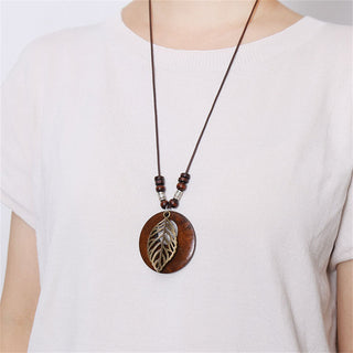 Ethnic Style Round Wood Beads Alloy Leaf Pendant Necklace For Women Girl Bohemian Sweater Chain Vintage Jewelry Accessories Gift Alodia Store