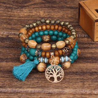 Mexico Bohemian Style Women Accessories Multi-Layer Wooden Beaded Bracelet Tree of Life Tassel Pendant Elastic Bracelet Jewelry Alodia Store
