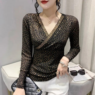 Leopard Mesh T Shirt Women V-neck Diamonds Sexy Tight Short T-shirt Female Long Sleeve Vintage Wrap Tshirt Femme Thin Slim Alodia Store