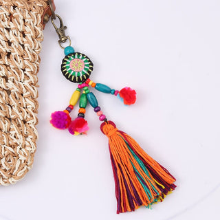 1pc Flower Charms Keychains Wooden Beads With Pompom Keyring Colorful Jewelry Boho Style Alodia Store