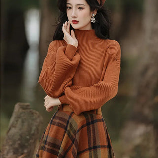 Women's Spring Autumn Vintage Plaid Long Skirts Sweater Two-Piece Set French Lady Alodia Store