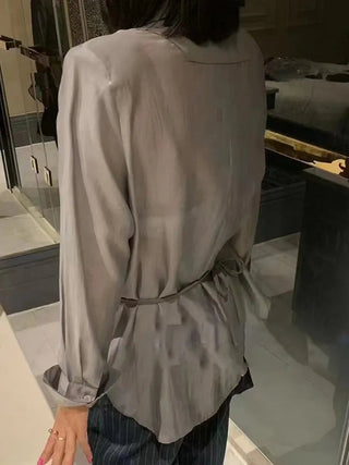 Women Notched Collar Long Sleeve Lace Up Loose Blazers Alodia Store