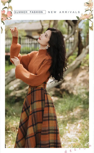 Women's Spring Autumn Vintage Plaid Long Skirts Sweater Two-Piece Set French Lady Alodia Store