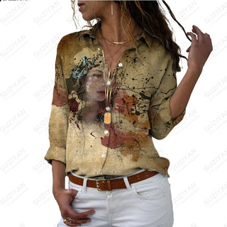 Women's SummerNew Shirt Long Sleeve Colorful Portrait 3D Digital Printing Women's Polo Button Casual Cardigan LongSleeve T-shirt Alodia Store