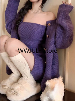 2023 Autumn Purple Knitted Sweater Suit Woman Sexy Y2k Mini Skirt Party Korea 3 Piece Set Alodia Store
