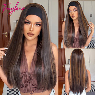 Chocolate Brown Mixed Golden Blonde Long Straight Synthetic Women's Headband Wigs Bohemian Hair For Black Women Fake Hair ALODIA STORE