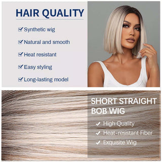Ombre Brown Platinum Blonde Synthetic Wigs Short Straight Bob Wigs for Black Women Daily Natural Heat Resistant Hair Cosplay ALODIA STORE