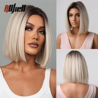Ombre Brown Platinum Blonde Synthetic Wigs Short Straight Bob Wigs for Black Women Daily Natural Heat Resistant Hair Cosplay ALODIA STORE