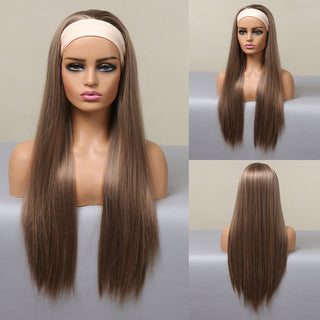 Chocolate Brown Mixed Golden Blonde Long Straight Synthetic Women's Headband Wigs Bohemian Hair For Black Women Fake Hair ALODIA STORE