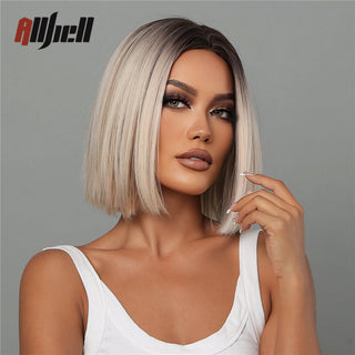 Ombre Brown Platinum Blonde Synthetic Wigs Short Straight Bob Wigs for Black Women Daily Natural Heat Resistant Hair Cosplay ALODIA STORE
