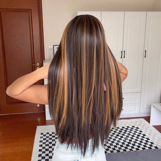 Chocolate Brown Mixed Golden Blonde Long Straight Synthetic Women's Headband Wigs Bohemian Hair For Black Women Fake Hair ALODIA STORE